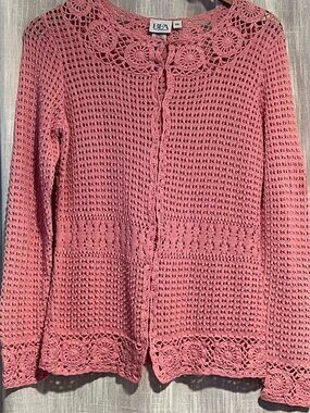 Vintage BFA Classics Crochet Cardigan Floral Trim Pink Size S